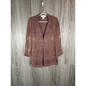 Christine Laure Paris Metallic Sheer Embossed 3 Button 3/4 Sleeve Vintage Blouse